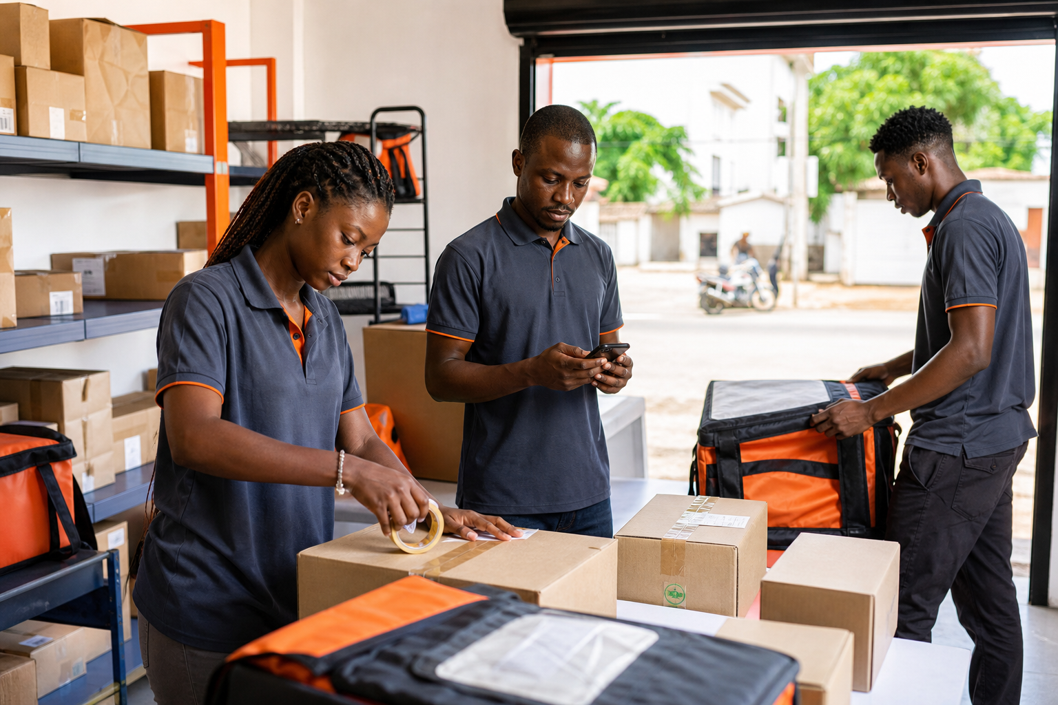 Equipe africaine preparant des colis dans un hub de livraison
