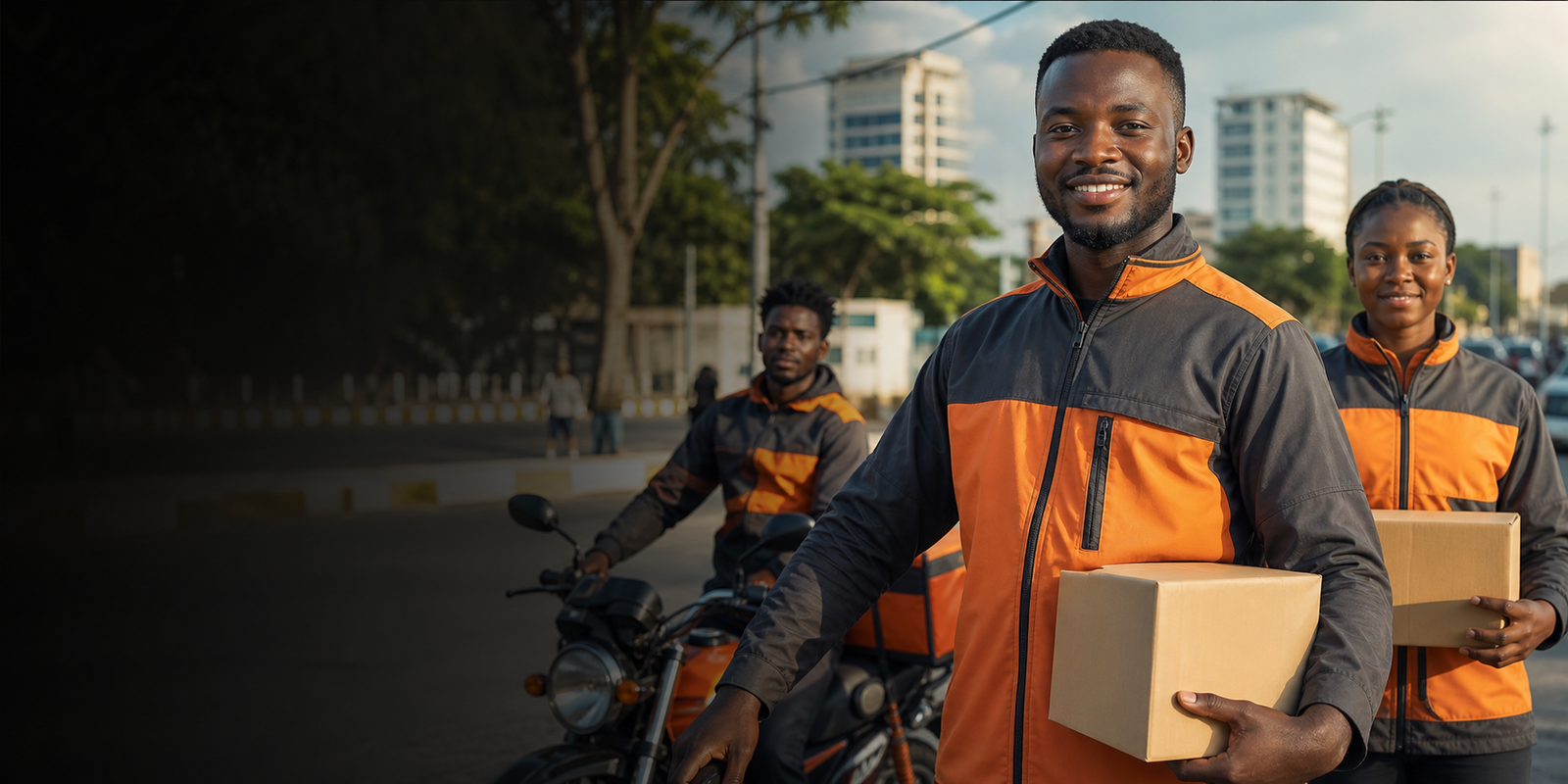 Livreurs africains KESI EXPRESS avec colis et moto de livraison