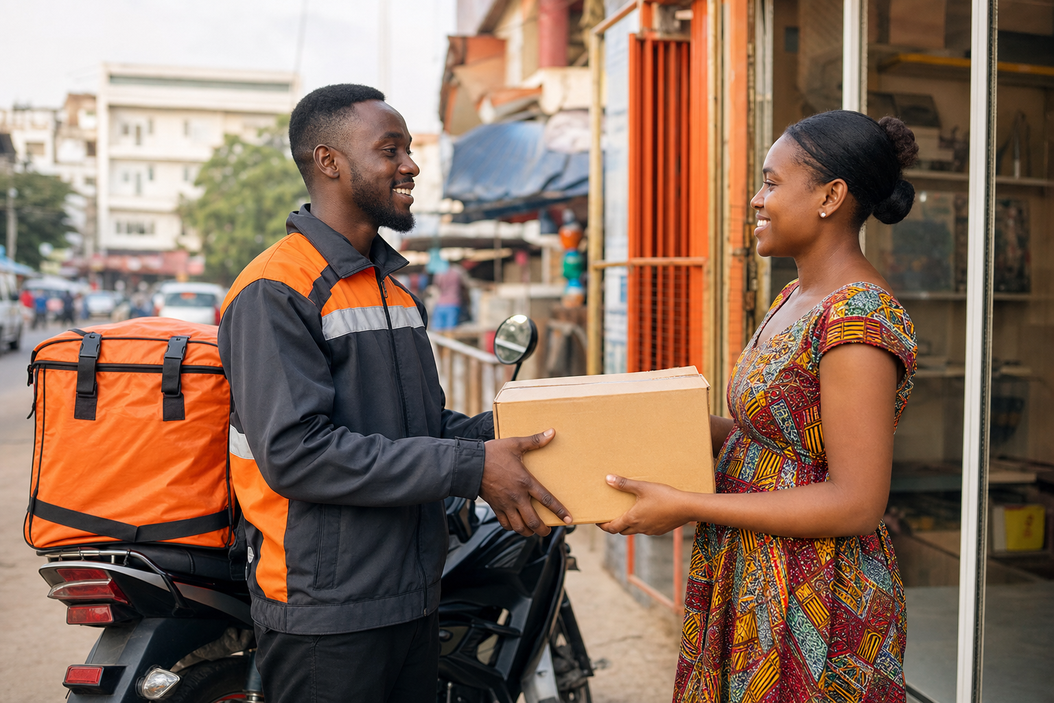Livreur africain remettant un colis a une cliente